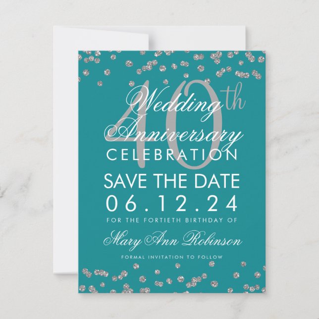 Silver Teal 40th Wedding Anniversary Confetti Save The Date (Front)