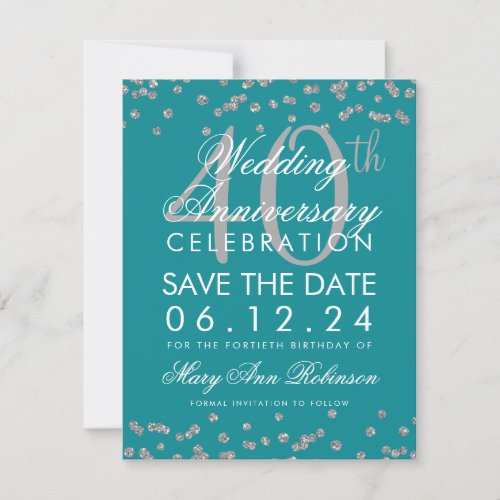 Silver Teal 40th Wedding Anniversary Confetti Save The Date