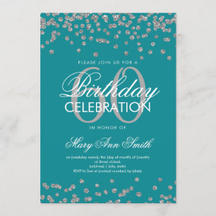 Silver Teal 60th Birthday Party Glitter Confetti Invitation