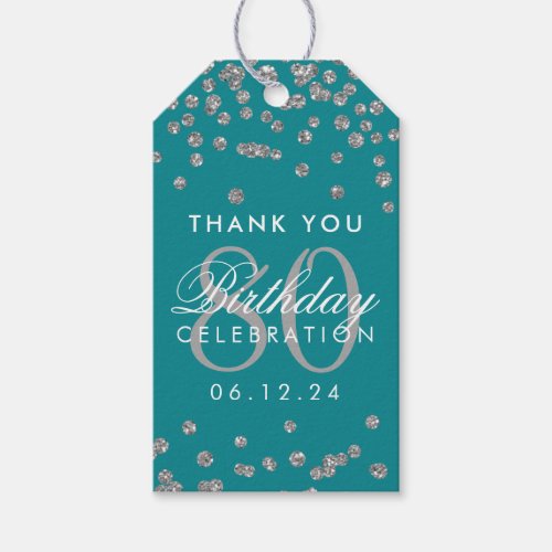 Silver Teal 80 Birthday Thank You Glitter Gift Tags