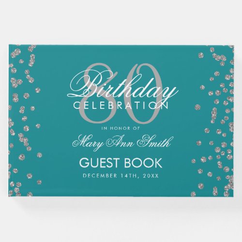 Silver Teal 80th Birthday Party Glitter Confetti Guest Book