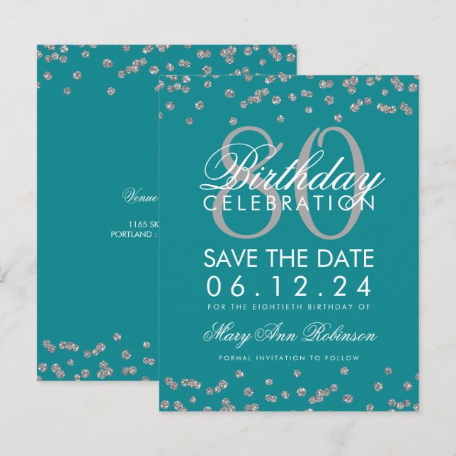 Silver Teal 80th Birthday Save Date Confetti Invitation (Front/Back)