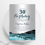 Silver Teal Agate 30th Birthday Invitation<br><div class="desc">Teal and silver agate 30th birthday party invitation. Elegant modern design featuring watercolor agate marble geode background,  faux glitter silver and typography script font. Trendy invite card perfect for a stylish women's bday celebration. Printed Zazzle invitations or instant download digital printable template.</div>