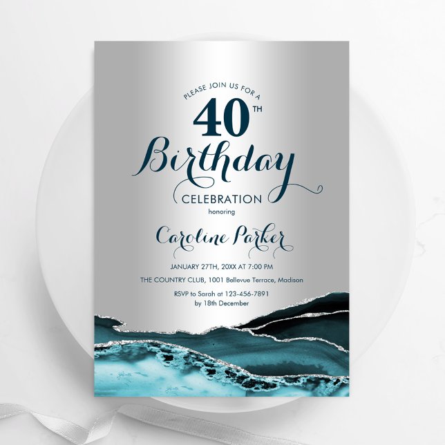 Silver Teal Agate 40th Birthday Invitation (Creator Uploaded)