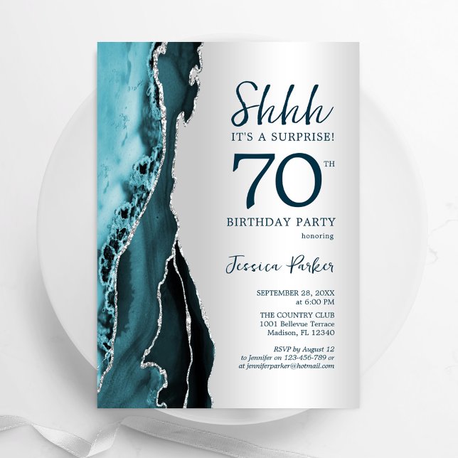 Silver Teal Agate Surprise 70th Birthday Invitation (Creator Uploaded)