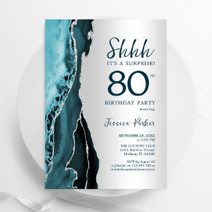 Silver Teal Agate Surprise 80th Birthday Invitation
