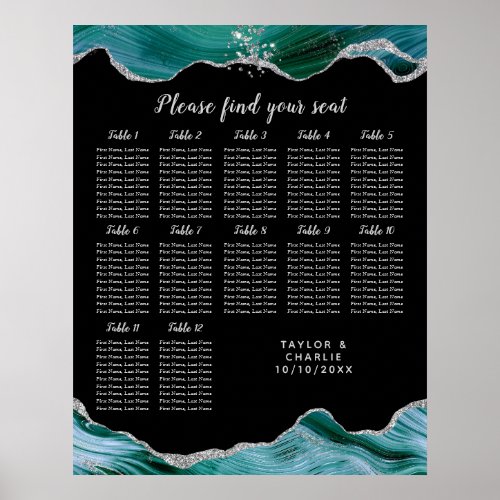 Silver Teal Agate Wedding 12 Table Seating Chart