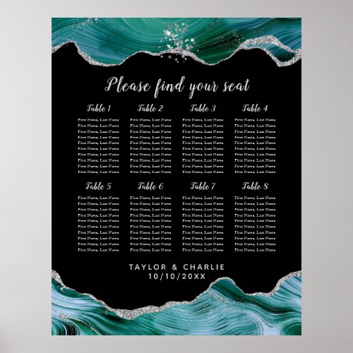 Silver Teal Agate Wedding 8 Tables Seating Chart