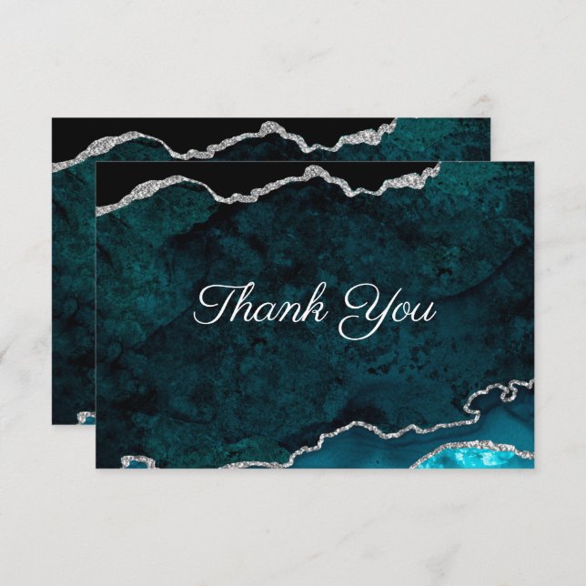 Silver Teal Agate Wedding Thank You Card (Front/Back)