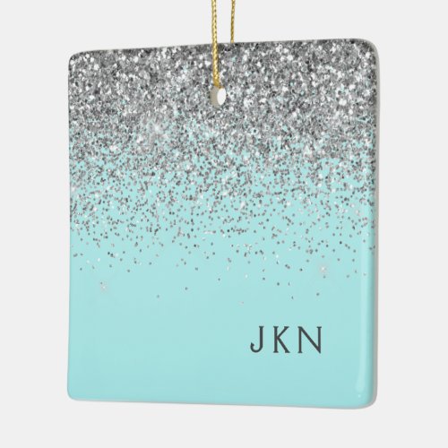 Silver Teal Aqua Blue Girly Glitter Monogram Ceramic Ornament