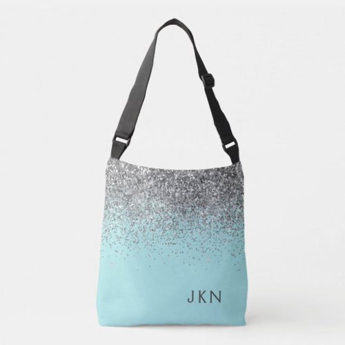 Silver Teal Aqua Blue Girly Glitter Monogram Crossbody Bag