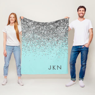 Silver Teal Aqua Blue Girly Glitter Monogram Fleece Blanket