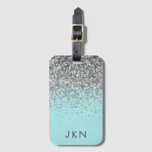 Silver Teal Aqua Blue Girly Glitter Monogram Luggage Tag