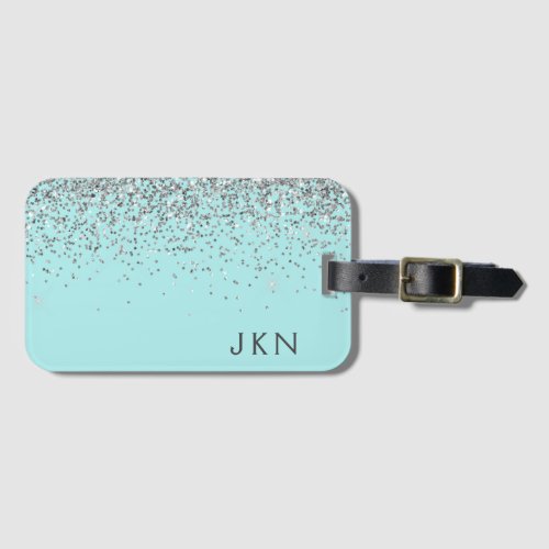 Silver Teal Aqua Blue Girly Glitter Monogram Luggage Tag