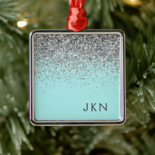 Silver Teal Aqua Blue Girly Glitter Monogram Metal Ornament
