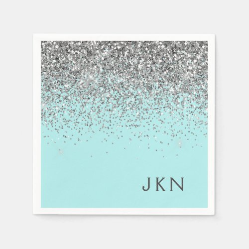 Silver Teal Aqua Blue Girly Glitter Monogram Napkins