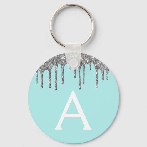 Silver Teal Aqua Blue Sparkly Glitter Monogram Keychain