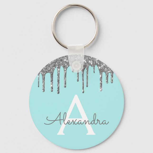 Silver Teal Aqua Blue Sparkly Glitter Monogram Keychain (Front)