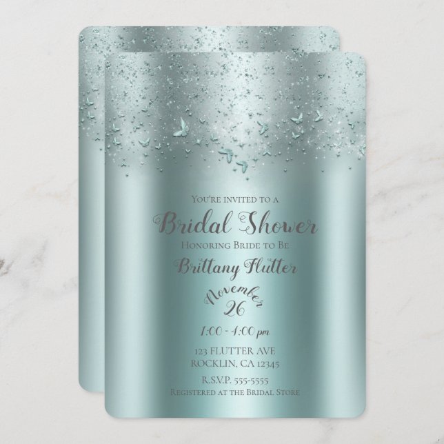 Silver Teal Aqua Flutter Butterfly Bridal Shower Invitation (Front/Back)