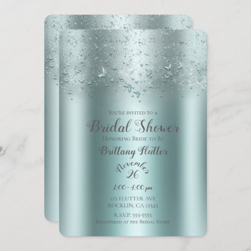 Silver Teal Aqua Flutter Butterfly Bridal Shower Invitation