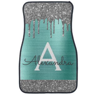 Silver Teal Aqua Glitter Sparkle Monogram Car Floo Car Floor Mat