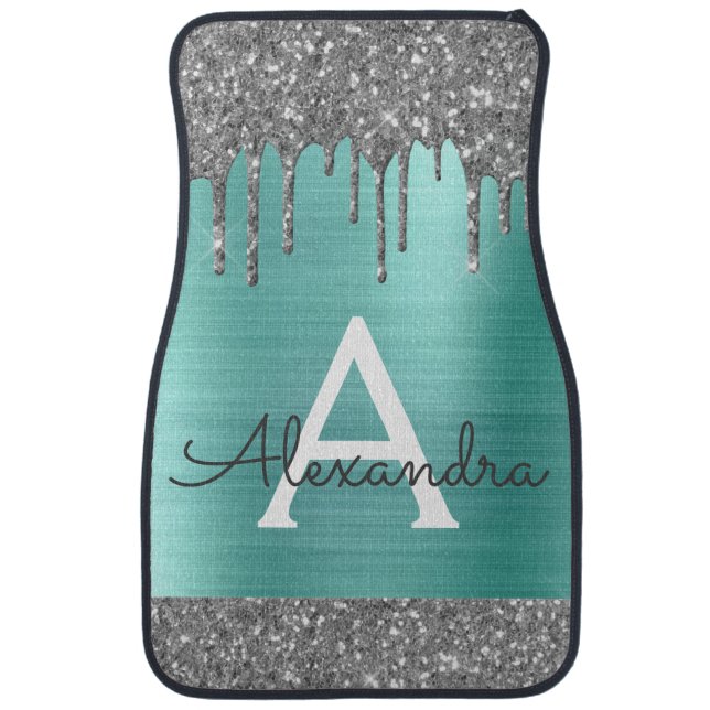 Silver Teal Aqua Glitter Sparkle Monogram Car Floo Floor Mat (Front)
