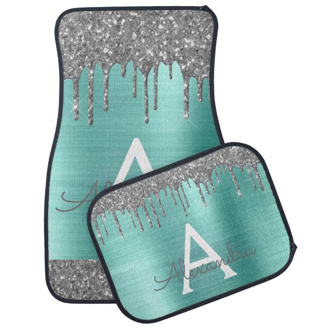 Silver Teal Aqua Glitter Sparkle Monogram Car Floor Mat (Set)