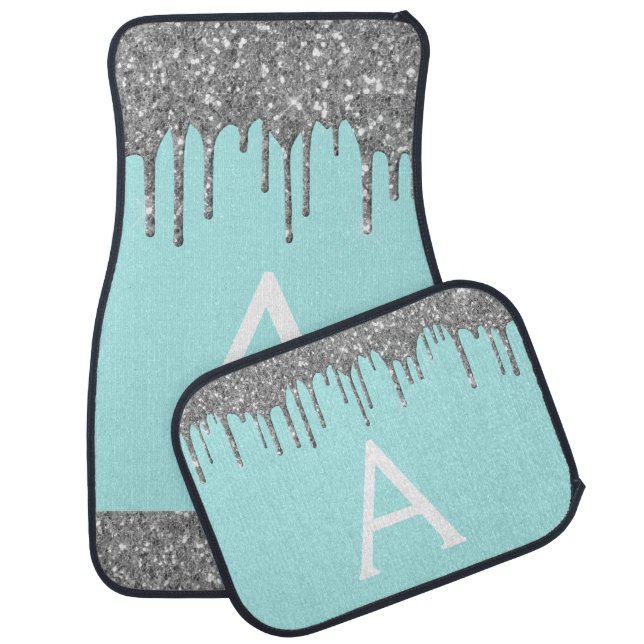 Silver Teal Aqua Glitter Sparkle Monogram Car Floor Mat (Set)