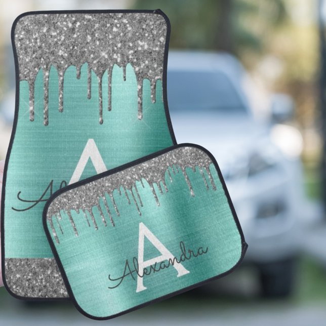 Silver Teal Aqua Glitter Sparkle Monogram Car Floor Mat (Creator Uploaded)