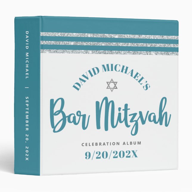 Silver Teal Bar Mitzvah Tallit Script Keepsake 3 Ring Binder (Front/Spine)