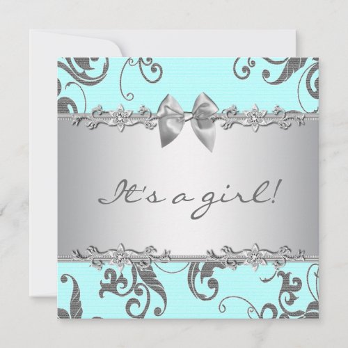 Silver Teal Blue Baby Girl Shower Personalized Invitations