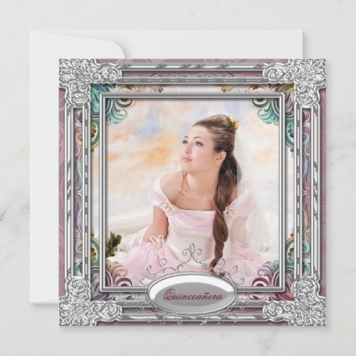 Silver Teal Blue Coral Pink Photo Quinceanera Personalized Announcements