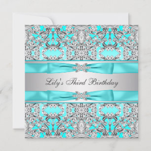 Silver Teal Blue Girls Birthday Party Invitation