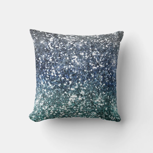 Silver Teal Blue Glitter Look Throw Pillow (Front)