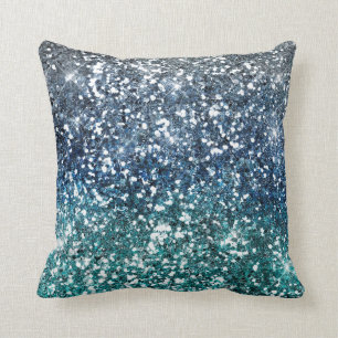 Silver Teal Blue Glitter Look Throw Pillow