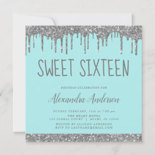 Silver Teal Blue Glitter Sweet Sixteen Birthday Invitation
