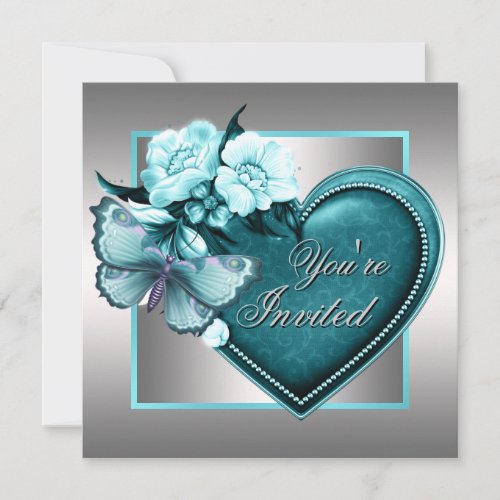 Silver Teal Blue Heart Butterfly Teal Blue Party Announcements