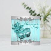 Silver Teal Blue Masquerade Party Invitations (Standing Front)