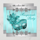 Silver Teal Blue Masquerade Party Invitations (Front/Back)