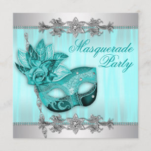 Silver Teal Blue Masquerade Party Invitations
