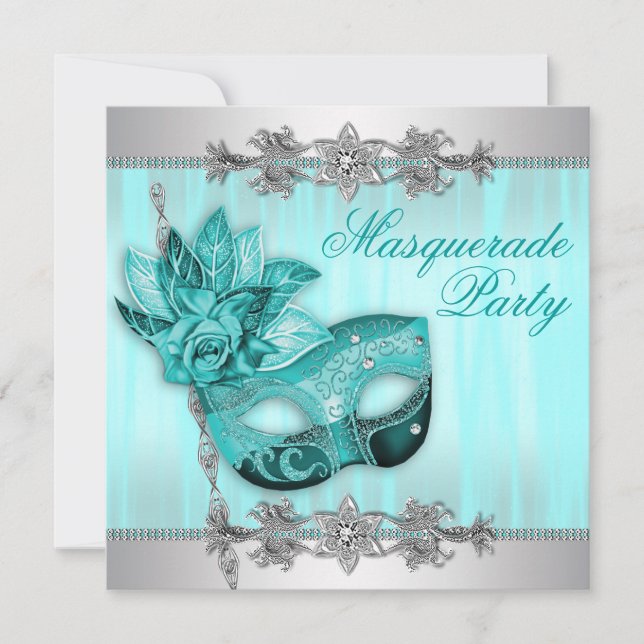 Silver Teal Blue Masquerade Party Invitations (Front)
