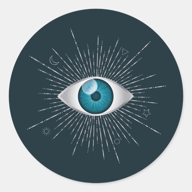 Silver & Teal Blue Mystic Aqua Evil Eye Nazar Mati Classic Round Sticker (Front)
