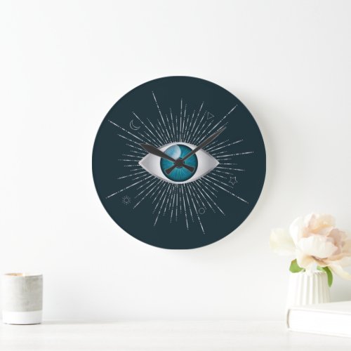 Silver  Teal Blue Mystic Aqua Evil Eye Nazar Mati Large Clock