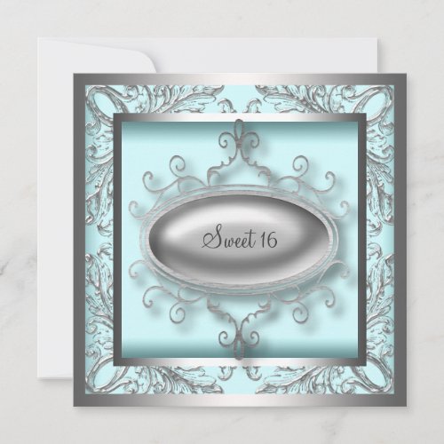 Silver Teal Blue Sweet 16 Birthday Party Invites
