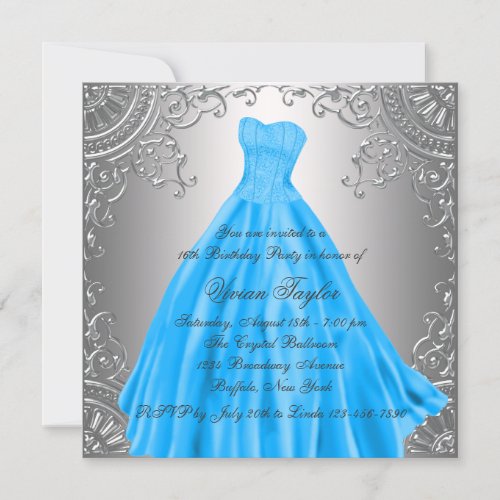 Silver Teal Blue Sweet Sixteen Birthday Party Announcement