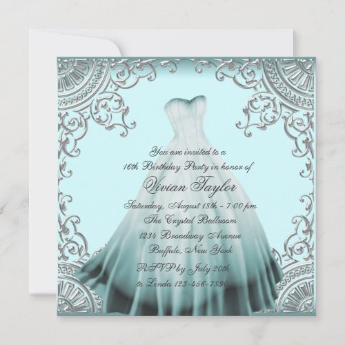 Silver Teal Blue Sweet Sixteen Birthday Party Custom Invite