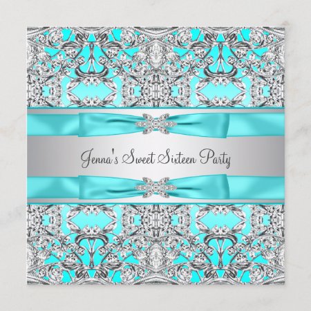Silver Teal Blue Sweet Sixteen Party Invitation