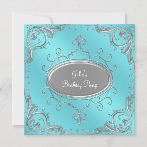 Silver Teal Blue Womans Birthday Party Custom Invites