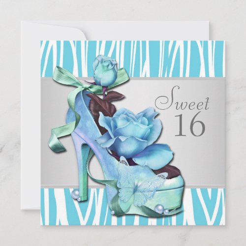 Silver Teal Blue Zebra Sweet 16 Birthday Party Invitation