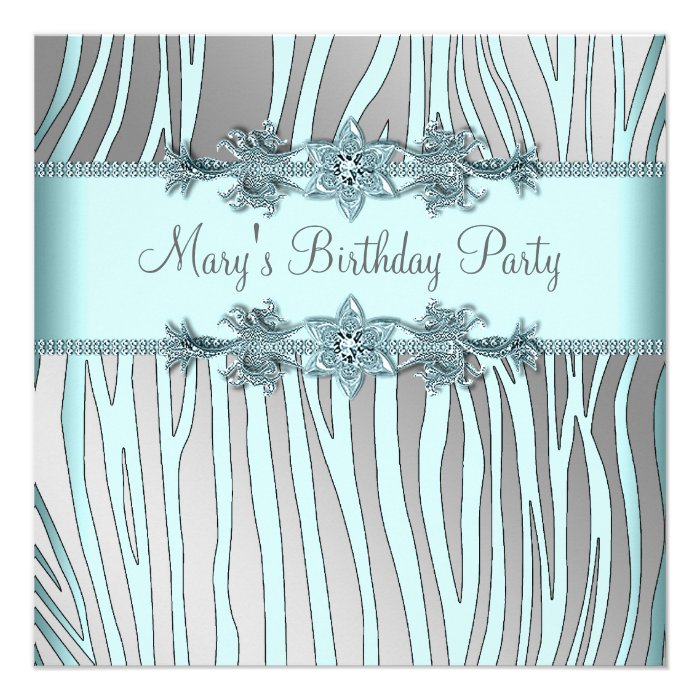 Silver Teal Blue Zebra Womans Birthday Party Custom Announcement